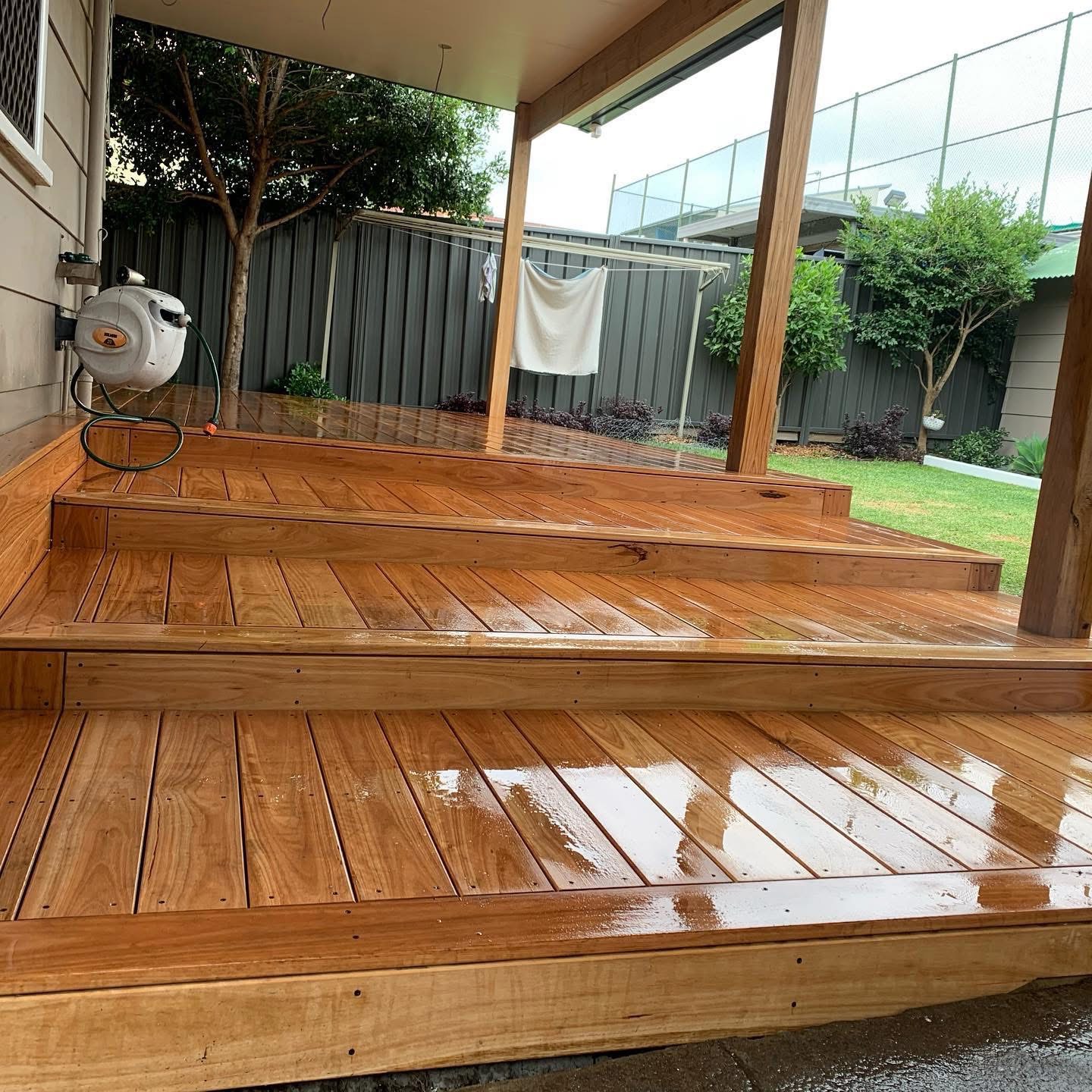 Oiled hardwood deck with timber steps at a Merewether home